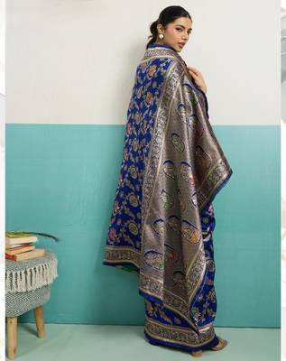 blue silk blend saree with meenakari floral woven jaal design 2