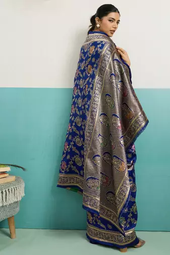 blue silk blend saree with meenakari floral woven jaal design