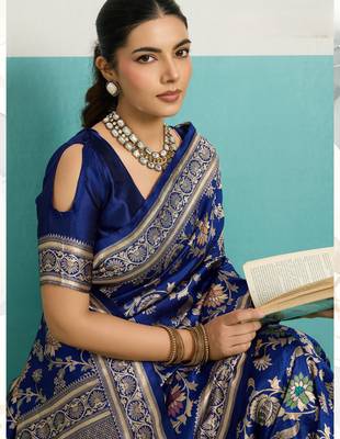 blue silk blend saree with meenakari floral woven jaal design 3