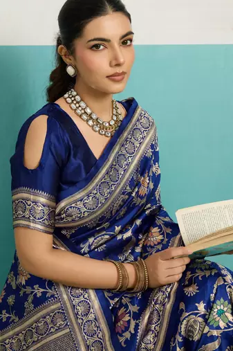 blue silk blend saree with meenakari floral woven jaal design