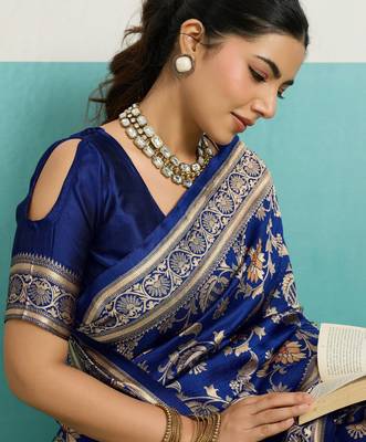 blue silk blend saree with meenakari floral woven jaal design 4