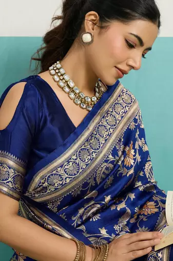 blue silk blend saree with meenakari floral woven jaal design