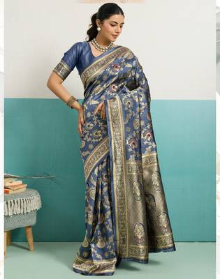 teal silk blend saree with woven meenakari floral rama blouse work 1