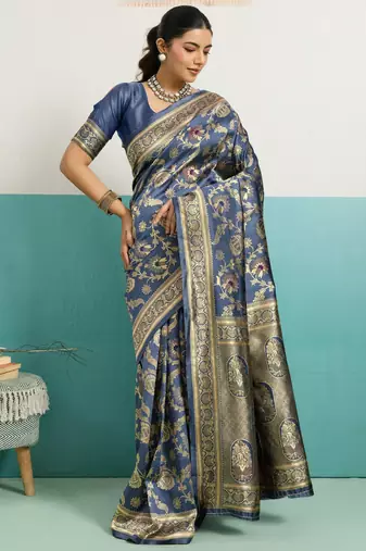 Teal elegant soft banarasi silk saree with meenakari floral jaal weaving