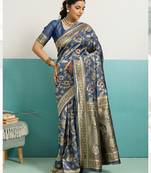 teal silk saree with woven meenakari floral rama blouse work