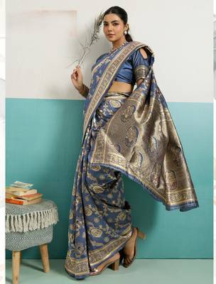 teal silk blend saree with woven meenakari floral rama blouse work 2