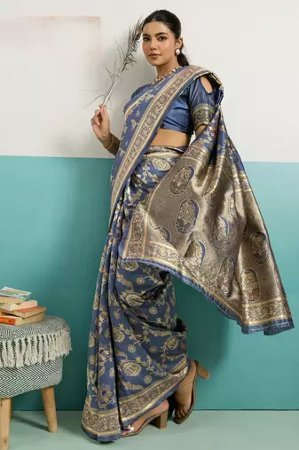 teal silk blend saree with woven meenakari floral rama blouse work