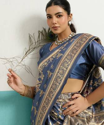 teal silk blend saree with woven meenakari floral rama blouse work 4