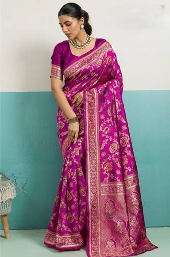 Pink elegant soft banarasi silk saree with meenakari floral jaal weaving