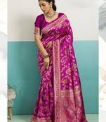 pink silk saree with woven floral meenakari jaal work details