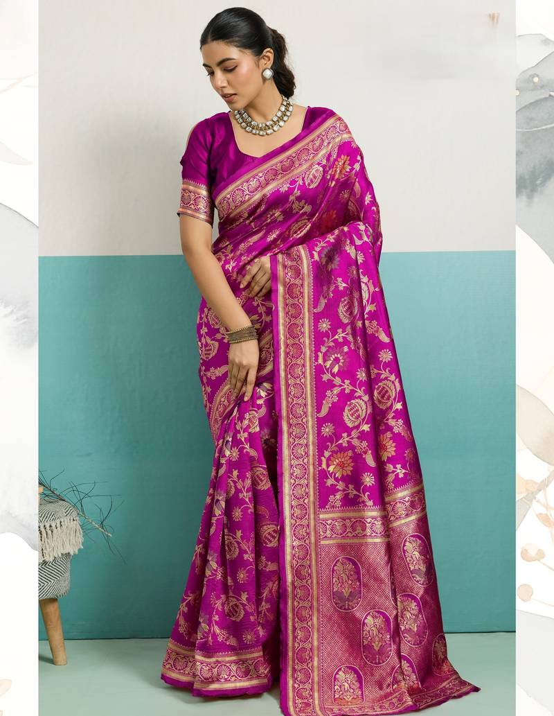 Pink  soft banarasi silk saree with meenakari floral jaal weaving