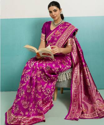 pink silk blend saree with woven floral meenakari jaal work details 2