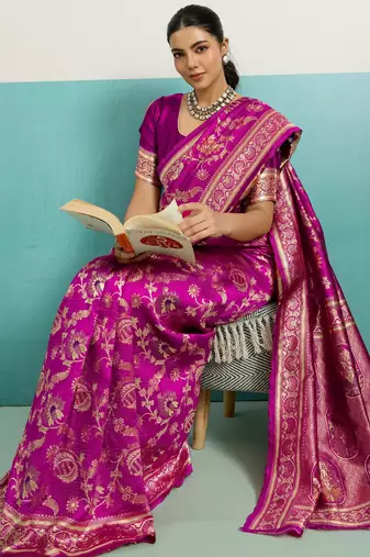 pink silk blend saree with woven floral meenakari jaal work details