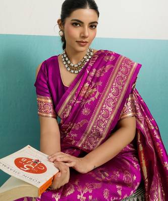 pink silk blend saree with woven floral meenakari jaal work details 3