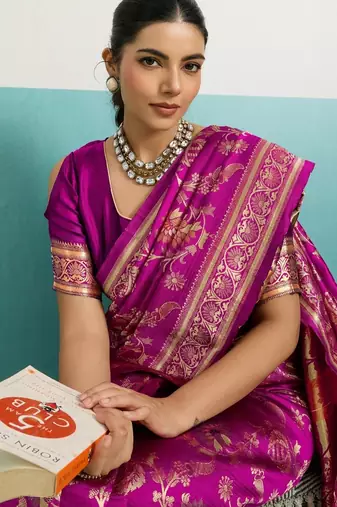 pink silk blend saree with woven floral meenakari jaal work details
