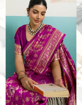 pink silk blend saree with woven floral meenakari jaal work details 4