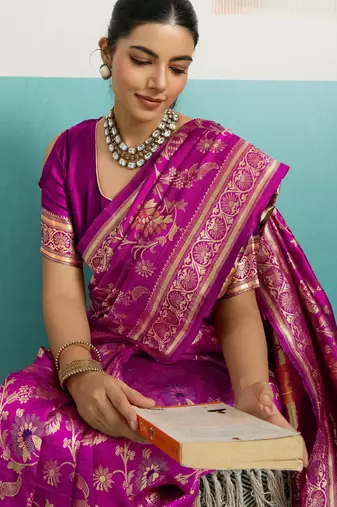 pink silk blend saree with woven floral meenakari jaal work details