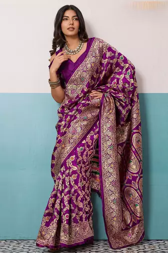 Purple elegant soft banarasi silk saree with meenakari floral jaal weaving