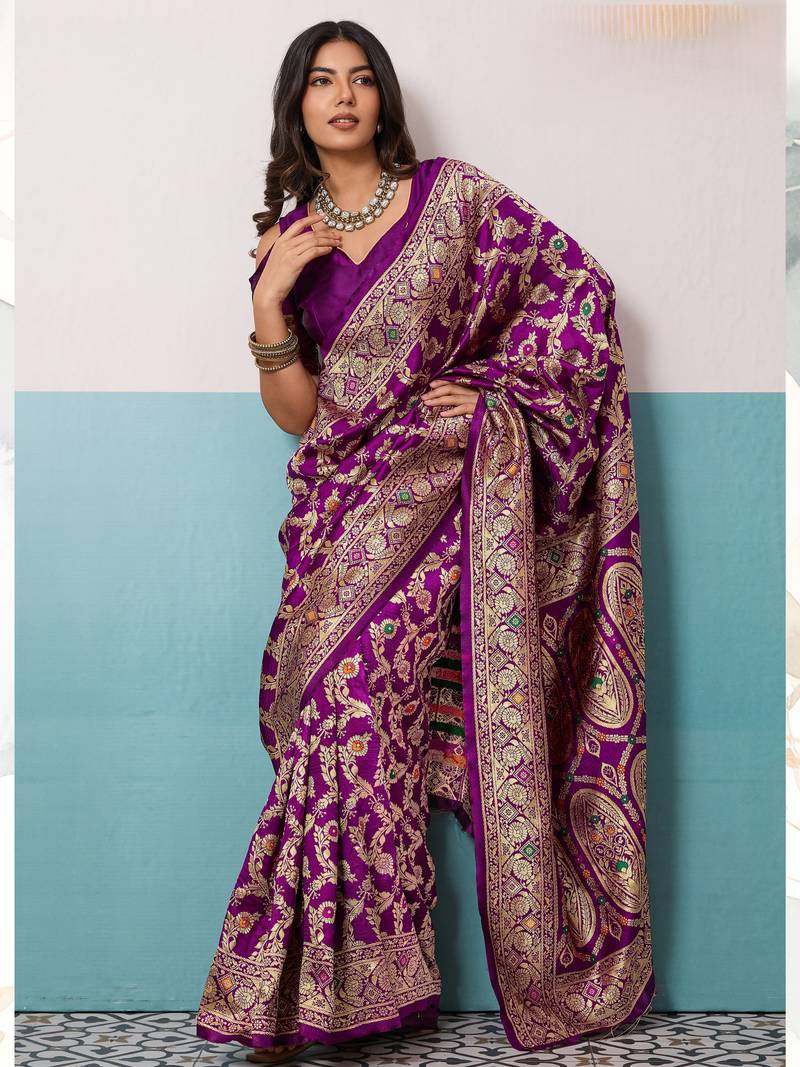 Purple  soft banarasi silk saree with meenakari floral jaal weaving