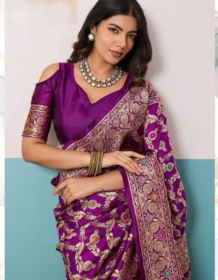 purple silk blend saree with meenakari floral jaal woven design 2