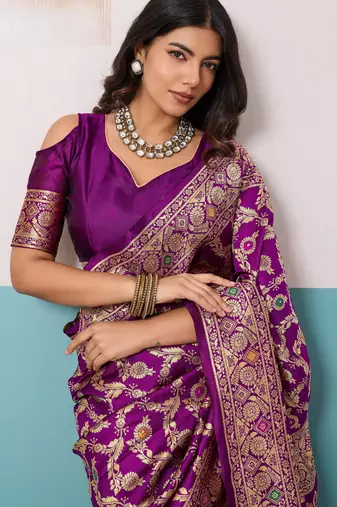purple silk blend saree with meenakari floral jaal woven design