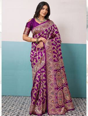 purple silk blend saree with meenakari floral jaal woven design 3