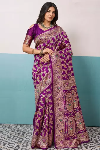 purple silk blend saree with meenakari floral jaal woven design