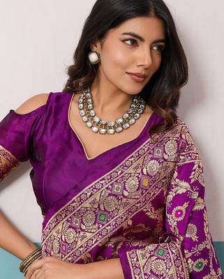 purple silk blend saree with meenakari floral jaal woven design 4