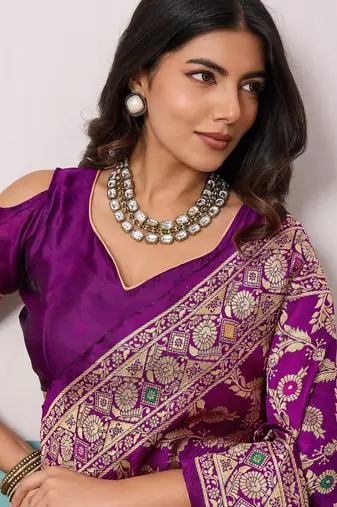 purple silk blend saree with meenakari floral jaal woven design