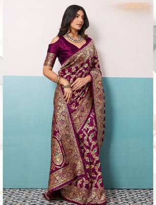 wine silk blend saree with woven meenakari floral rama blouse work 1
