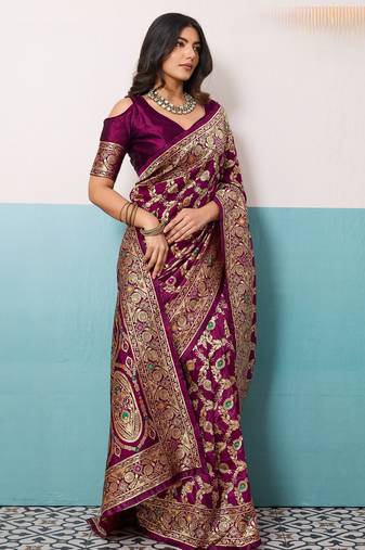 Wine elegant soft banarasi silk saree with meenakari floral jaal weaving