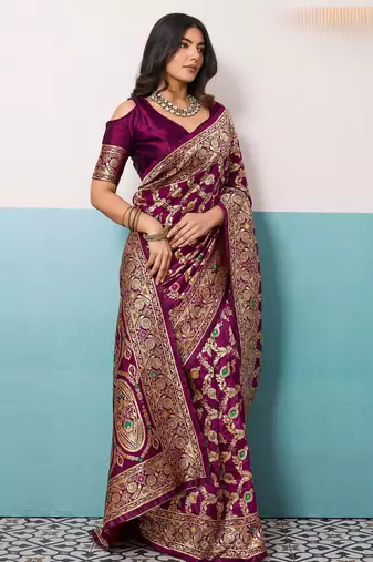Wine elegant soft banarasi silk saree with meenakari floral jaal weaving