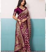 wine silk saree with woven meenakari floral rama blouse work