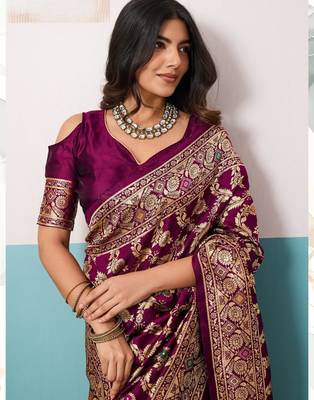 wine silk blend saree with woven meenakari floral rama blouse work 2