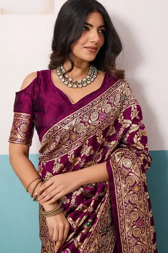 wine silk blend saree with woven meenakari floral rama blouse work