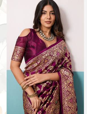 wine silk blend saree with woven meenakari floral rama blouse work 3