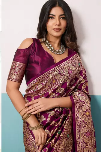 wine silk blend saree with woven meenakari floral rama blouse work
