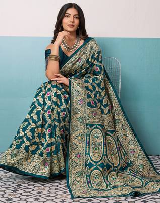 teal green silk blend saree with meenakari floral jaal work 1