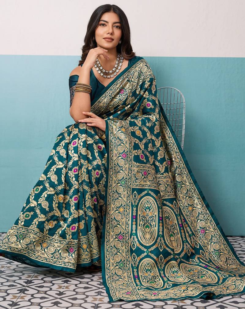 Rama  soft banarasi silk saree with meenakari floral jaal weaving