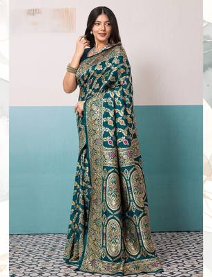 teal green silk blend saree with meenakari floral jaal work 3