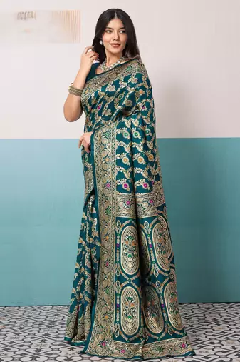 teal green silk blend saree with meenakari floral jaal work
