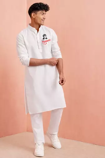 Creations men's white cotton kurta pyjama set | hanuman jayanti special print | festive