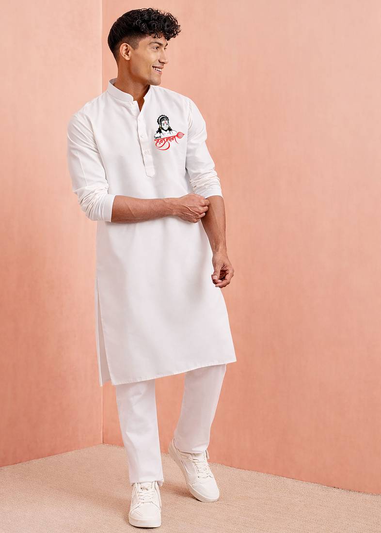 Creations men's white cotton kurta pyjama set | hanuman jayanti special print | festive