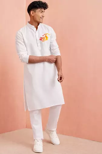 Creations men's white cotton kurta set | ram special print | festive ethnic wear for men