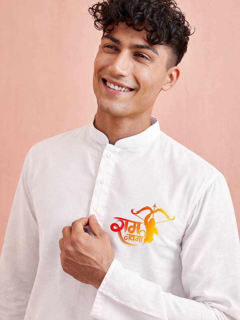Creations men's white cotton kurta set | ram special print | festive ethnic wear for men