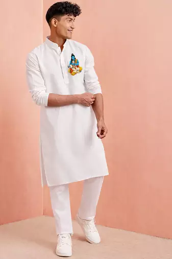 Creations men's cotton white kurta pyjama | hanuman jayanti edition | men's festive ethnic set