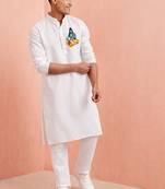 white cotton mens kurta set with hanumanji print