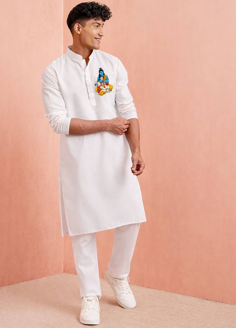 white cotton mens kurta set with hanumanji print