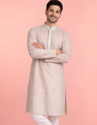 men's sequin embroidered peach rayon kurta 1