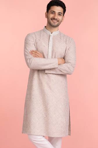 men's sequin embroidered peach rayon kurta